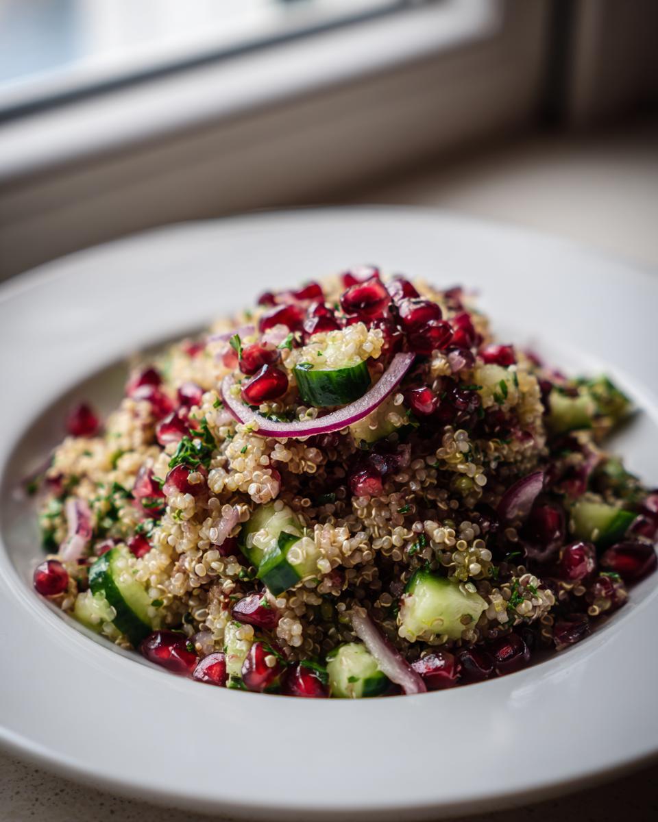 Close-up van een bord met Pomegranate Quinoa Salad, rijk aan quinoa, komkommer, rode ui en granaatappelpitjes.