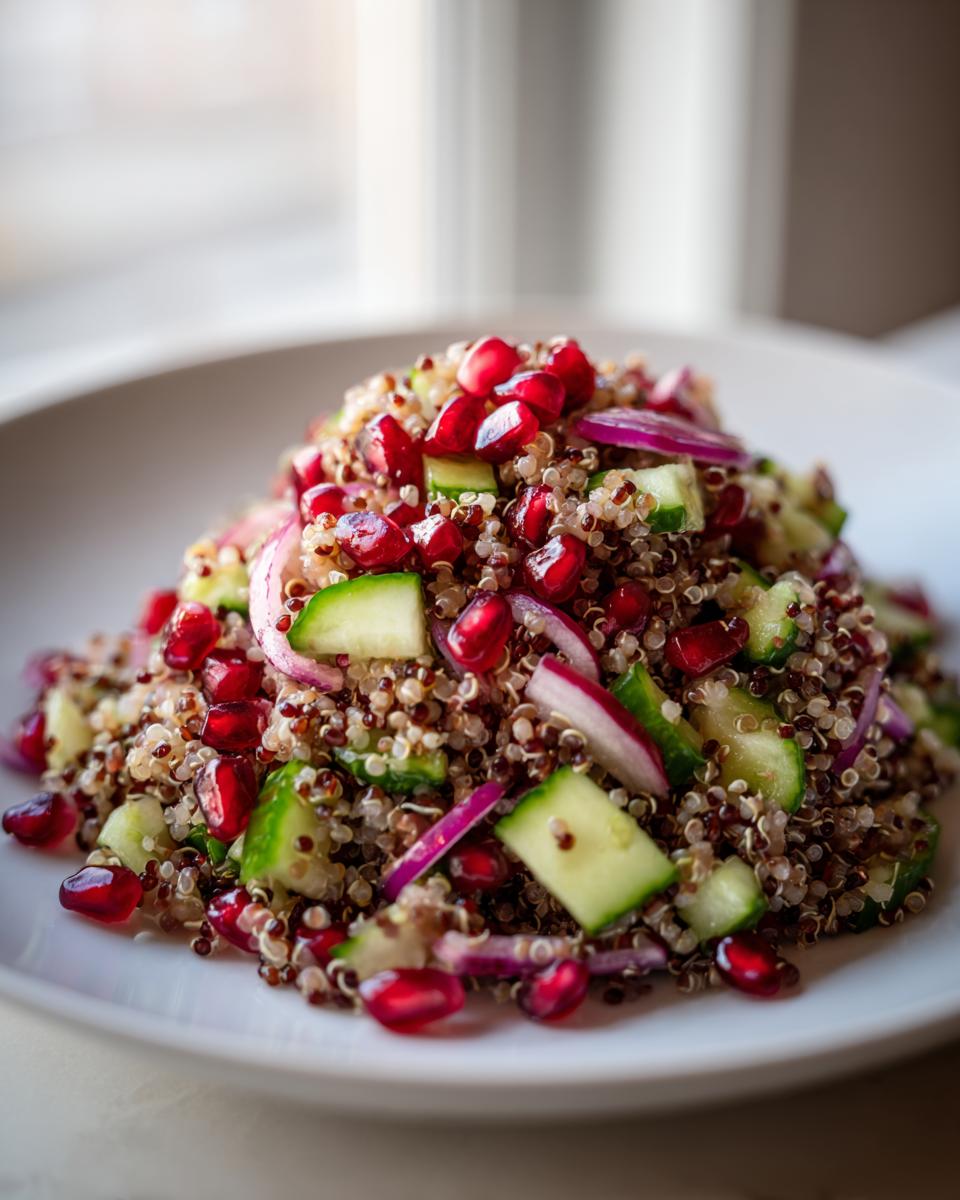 Gedetailleerde close-up van een portie Pomegranate Quinoa Salad met granaatappelpitjes, komkommer en rode ui.