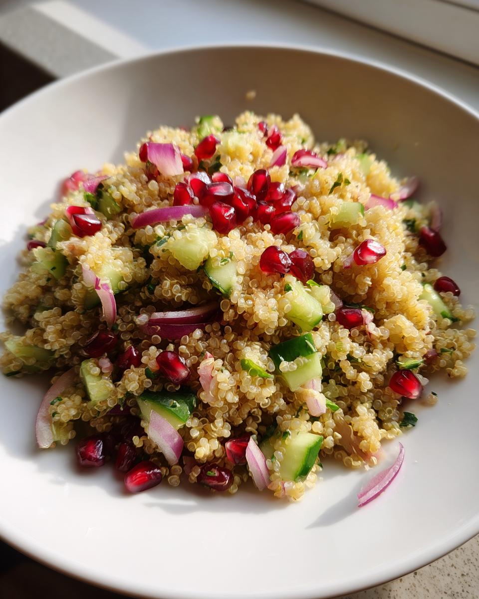 Close-up van een frisse Pomegranate Quinoa Salad met komkommer, rode ui en granaatappelpitjes in een witte kom.