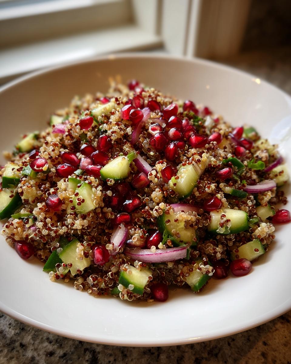 Close-up van een kleurrijke Pomegranate Quinoa Salad met komkommer en rode ui in een witte kom.