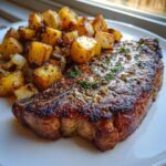 Close-up van een perfect gegrilde kotelet met een glanzende kruidenmarinade, geserveerd met geroosterde aardappelen en ui.