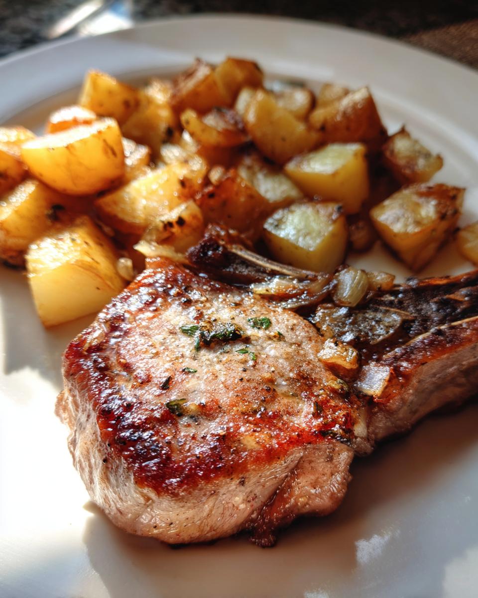 Close-up van een sappige kotelet met gebakken aardappelen, een voorbeeld van Pork Chops And Potatoes.
