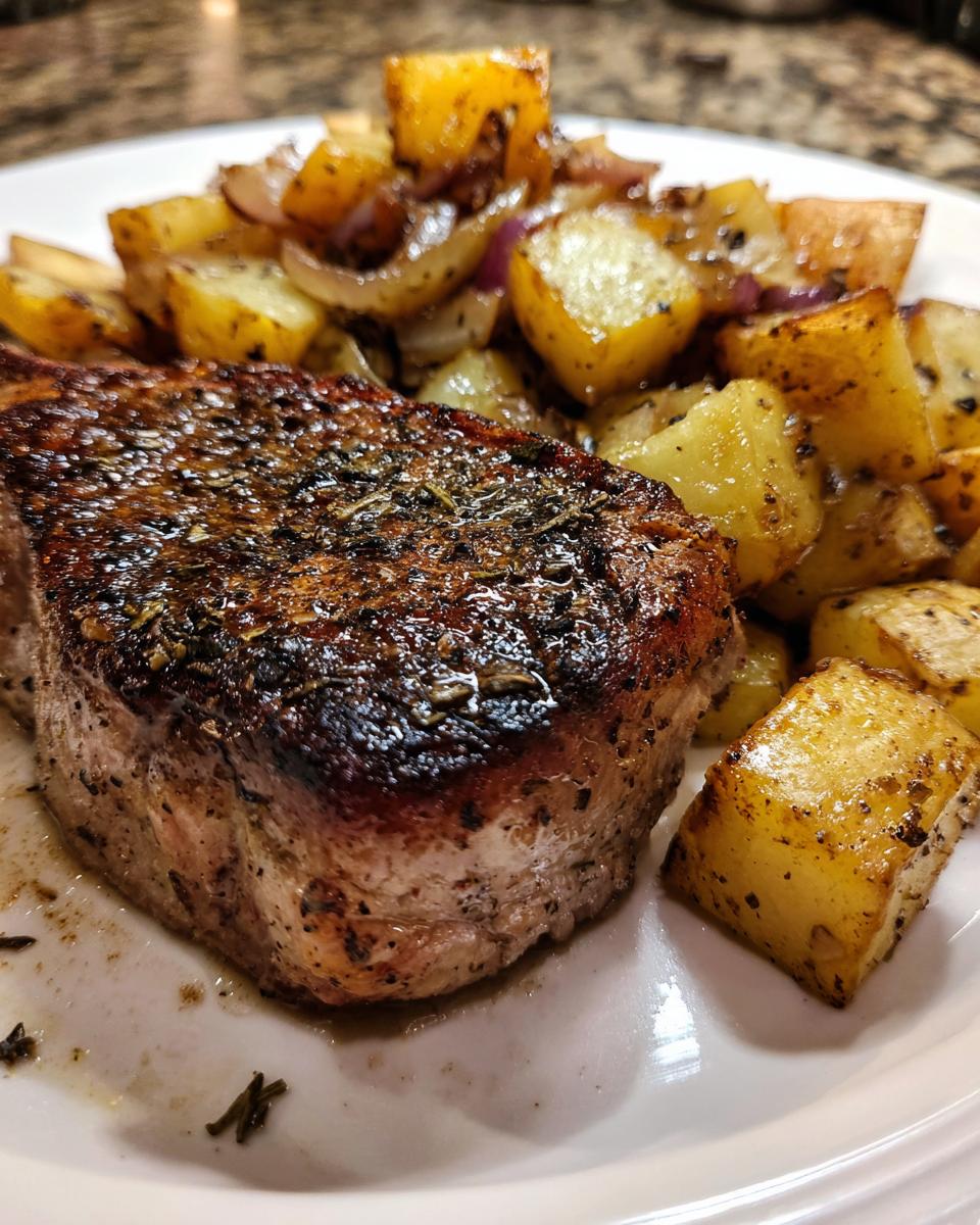 Close-up van een perfect gebakken kotelet met geroosterde aardappelen en uien: Pork Chops And Potatoes.