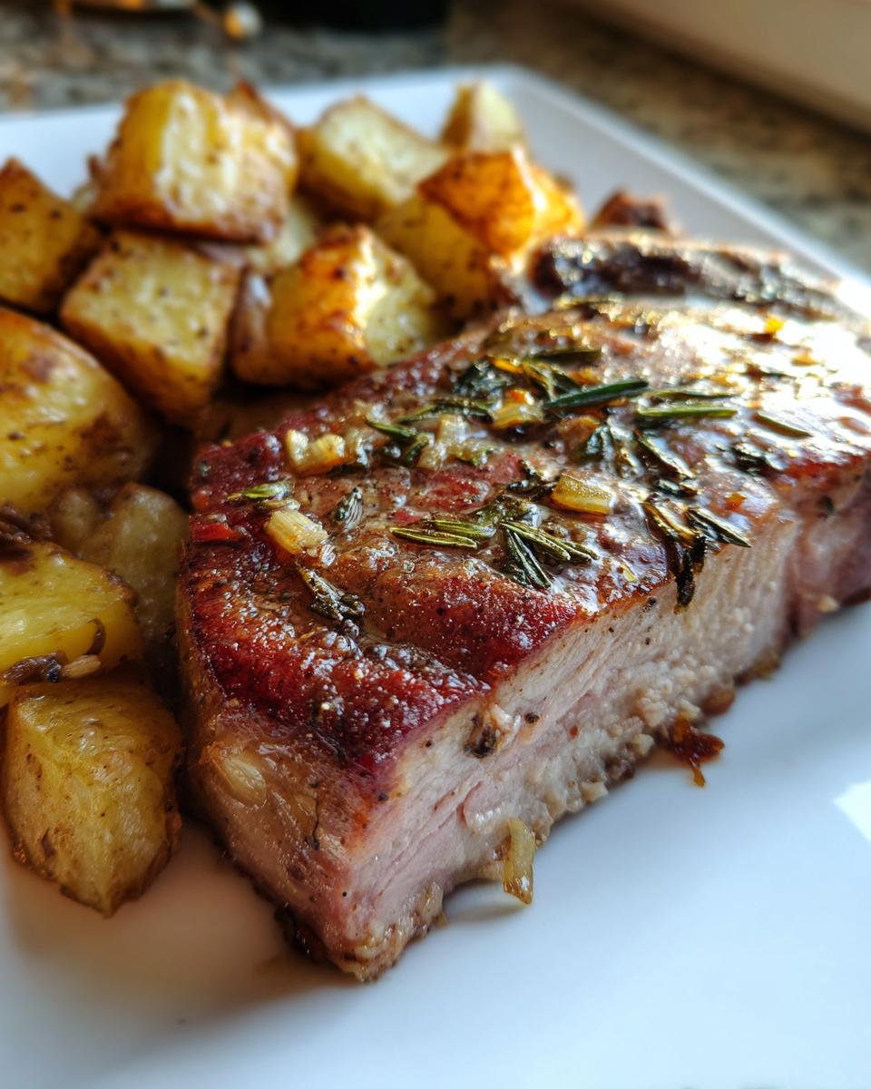 Gekruide, sappige Pork Chops And Potatoes met geroosterde aardappelblokjes en rozemarijn.