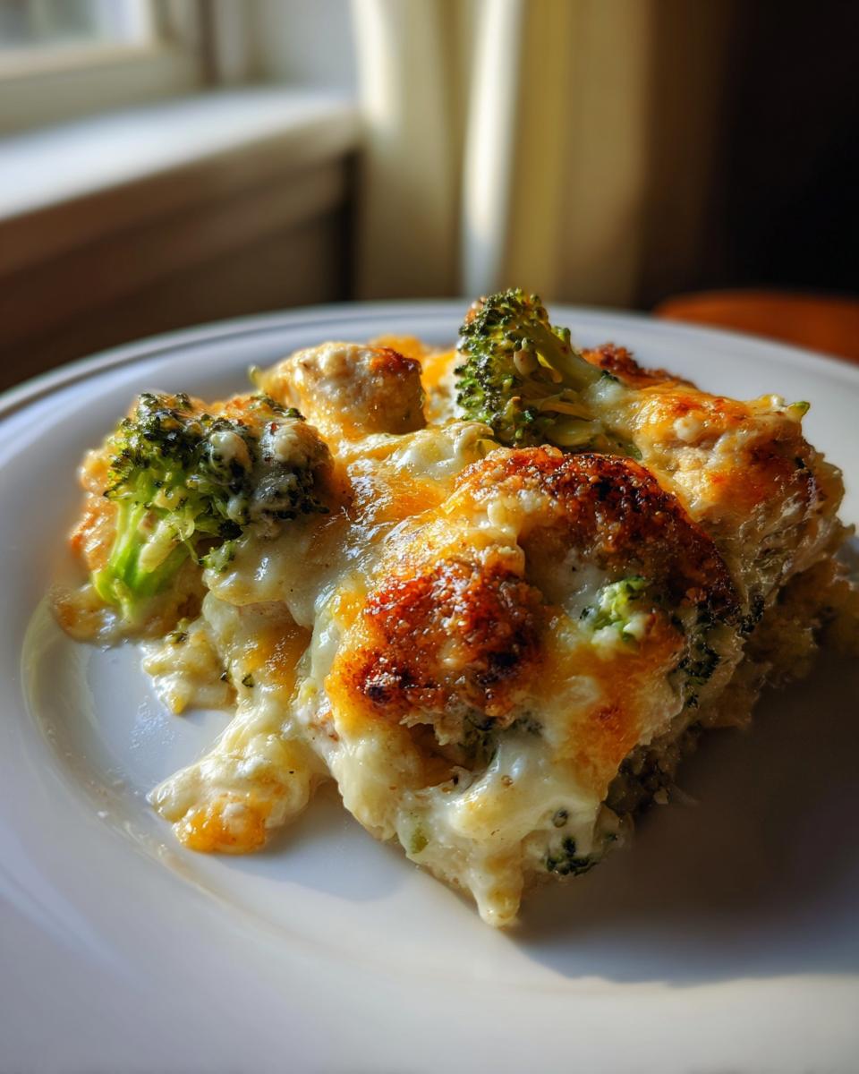 Een portie romige Chicken Broccoli Casserole met gegratineerde kaaskorst en stukjes broccoli op een wit bord.