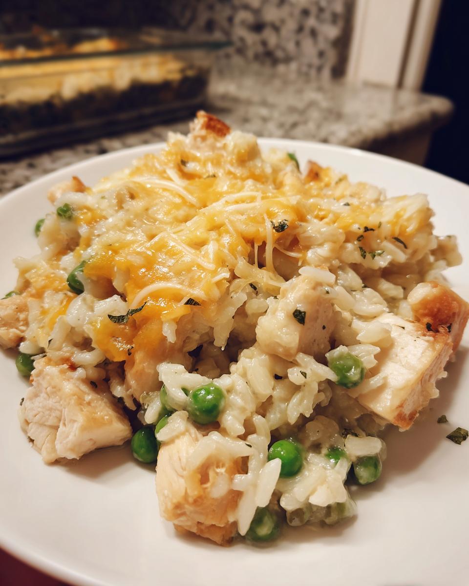 Close-up van een portie Chicken Rice Casserole met stukjes kip, rijst, groene erwten en gesmolten kaas.