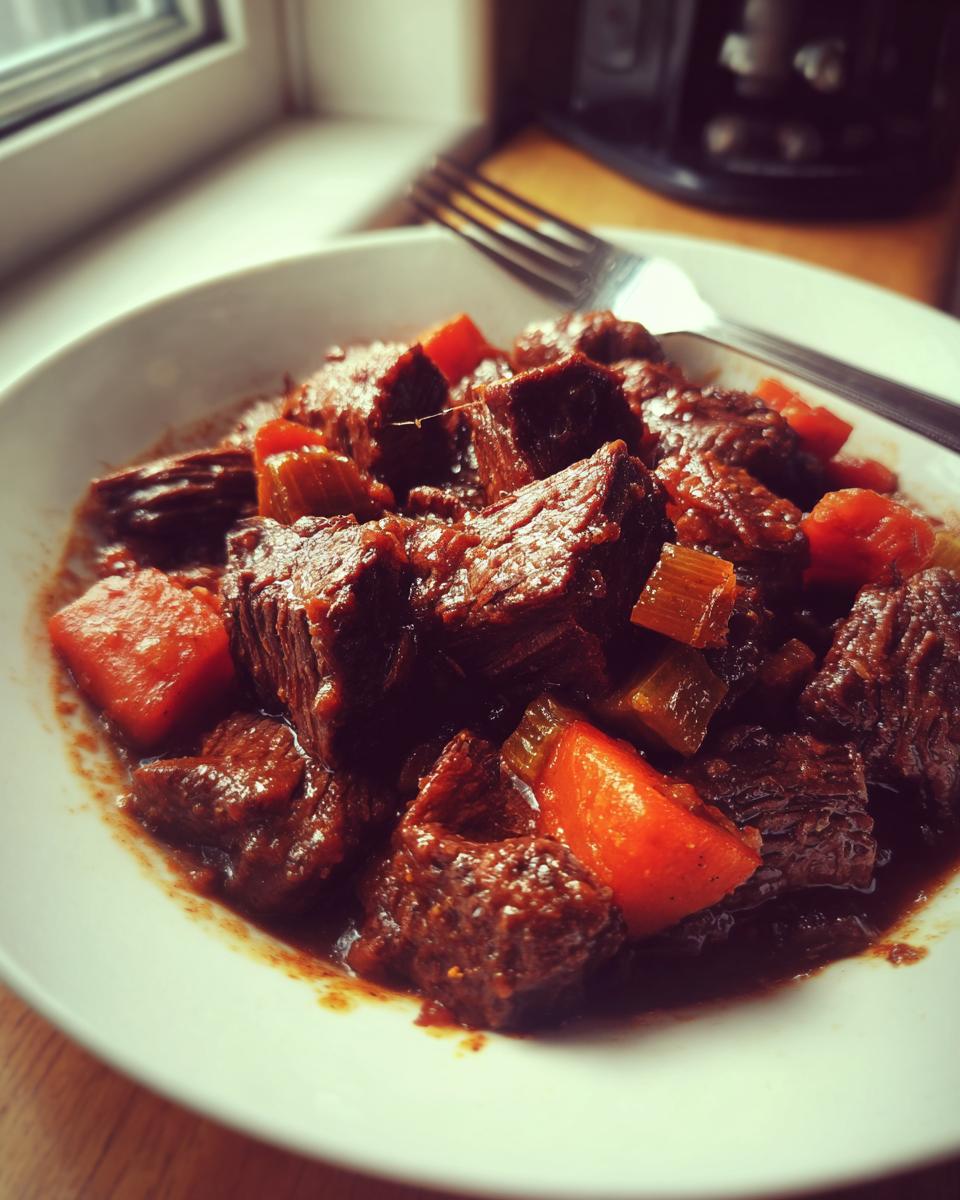 Close-up van een kom met malse stukken Dutch Oven Pot Roast, gestoofde wortel en selderij in een rijke saus.