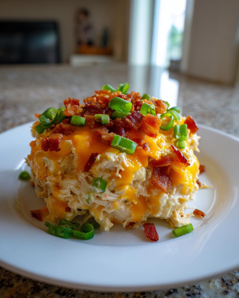 Een portie romige Slow Cooker Crack Chicken gegarneerd met gesmolten cheddar, krokant spek en lente-ui.