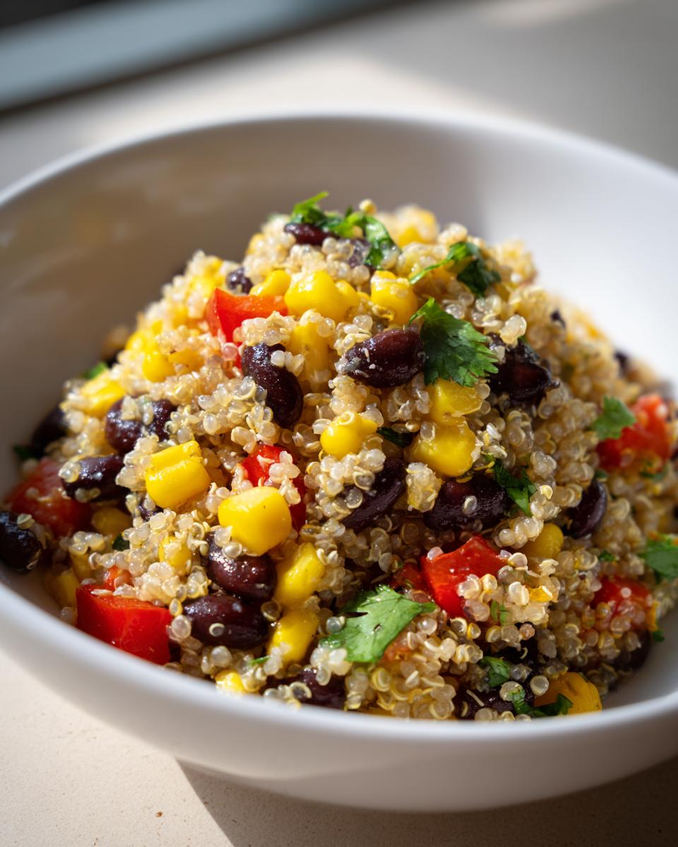 Close-up van een kom met Quinoa Southwestern Salad, rijk aan ma&iuml;s, zwarte bonen en rode paprika.
