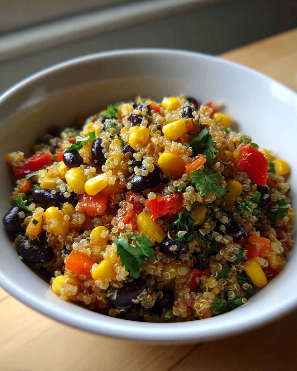 Close-up van een kom met Quinoa Southwestern Salad, gevuld met zwarte bonen, ma&iuml;s, paprika en koriander.