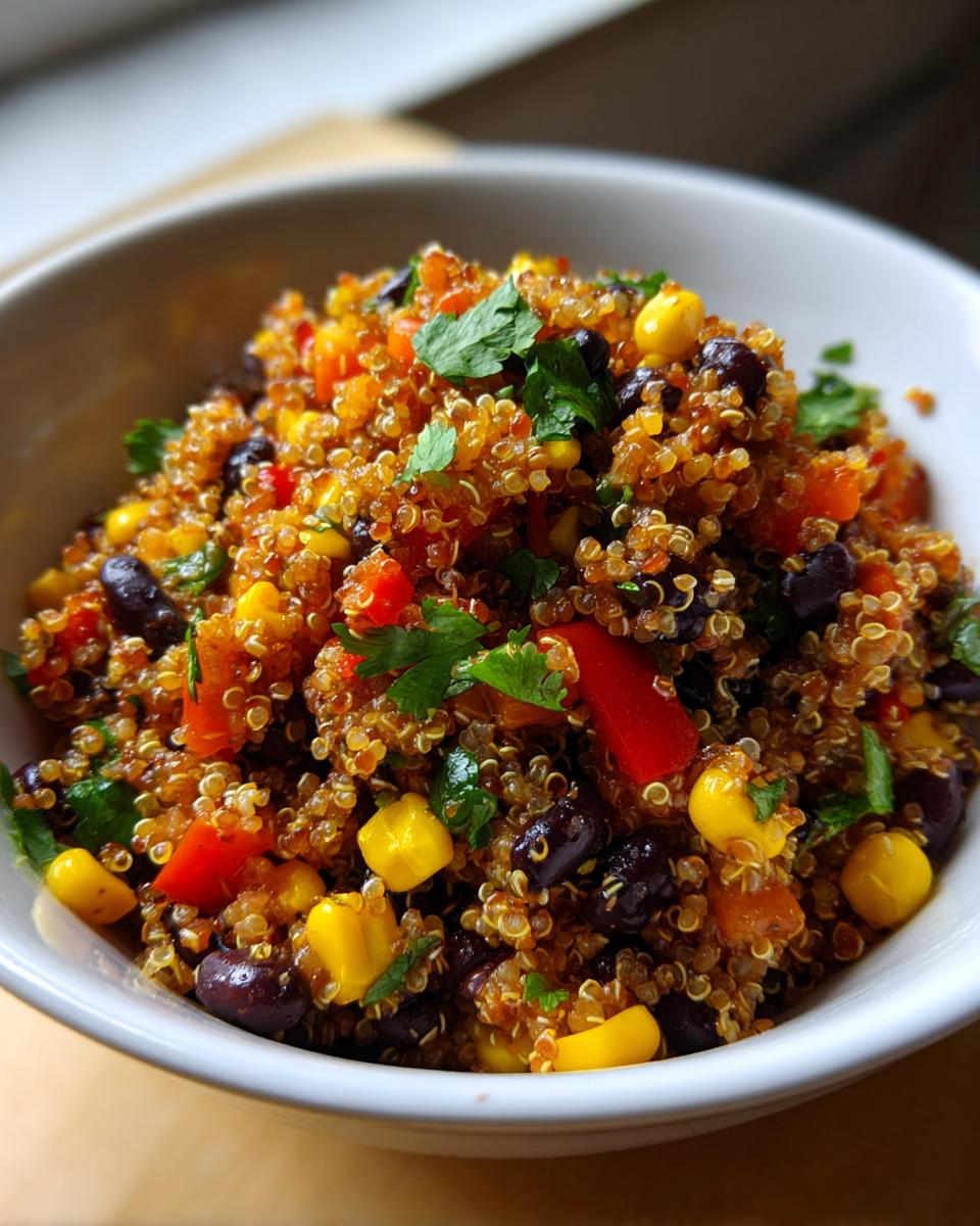 Close-up van een kom met Quinoa Southwestern Salad, rijk aan ma&iuml;s, zwarte bonen en rode paprika.