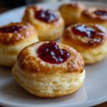 Close-up van een goudbruin gebakken Raspberry Jam Puff Pastries met glanzende frambozenjam bovenop.