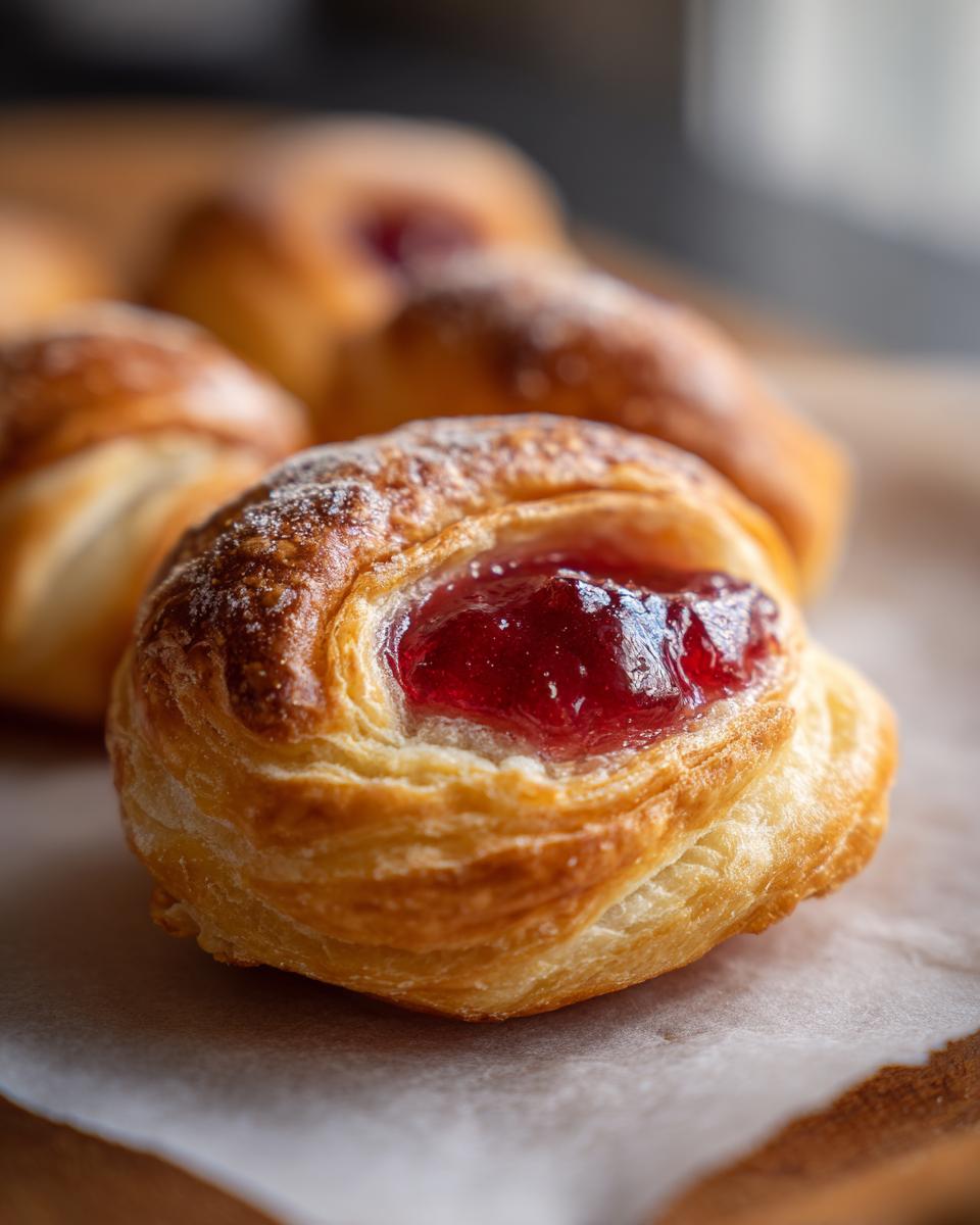 Close-up van een goudbruin gebakken Raspberry Jam Puff Pastries met glanzende frambozenjam in het midden.