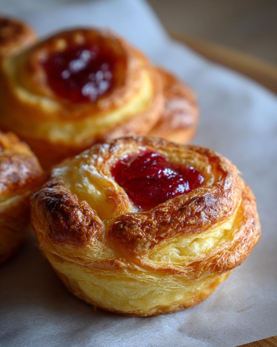 Close-up van een goudbruine Raspberry Jam Puff Pastries met een glanzende frambozenjamvulling in het midden.