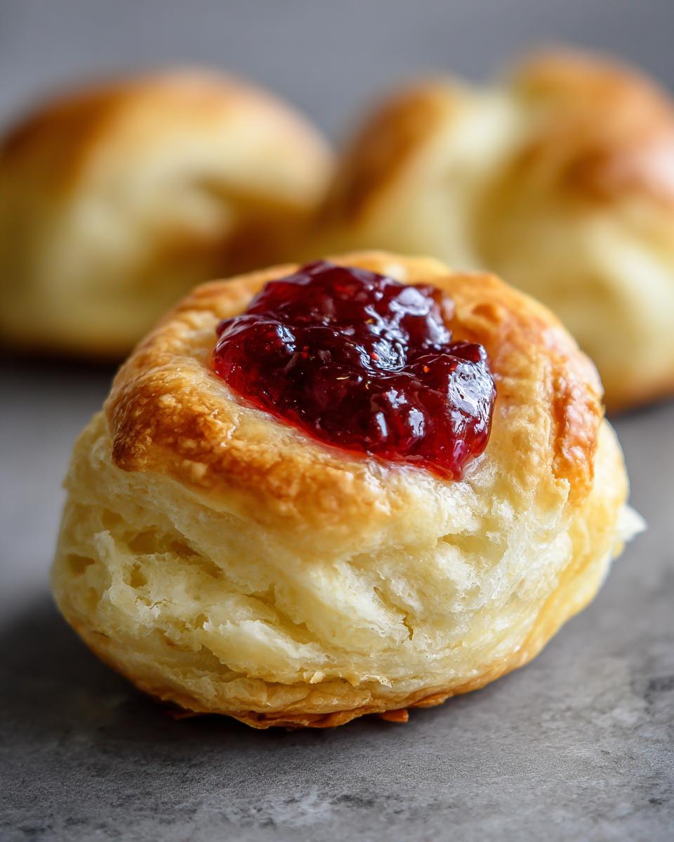 Close-up van een goudbruin gebakken Raspberry Jam Puff Pastries met een klodder rode frambozenjam bovenop.
