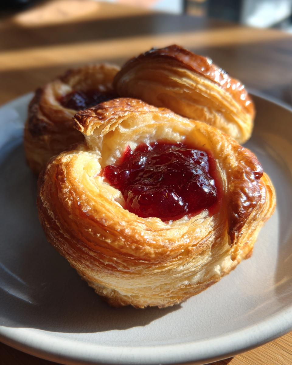 Drie goudbruine Raspberry Jam Puff Pastries op een grijze schotel, met glanzende frambozenjam in het midden.