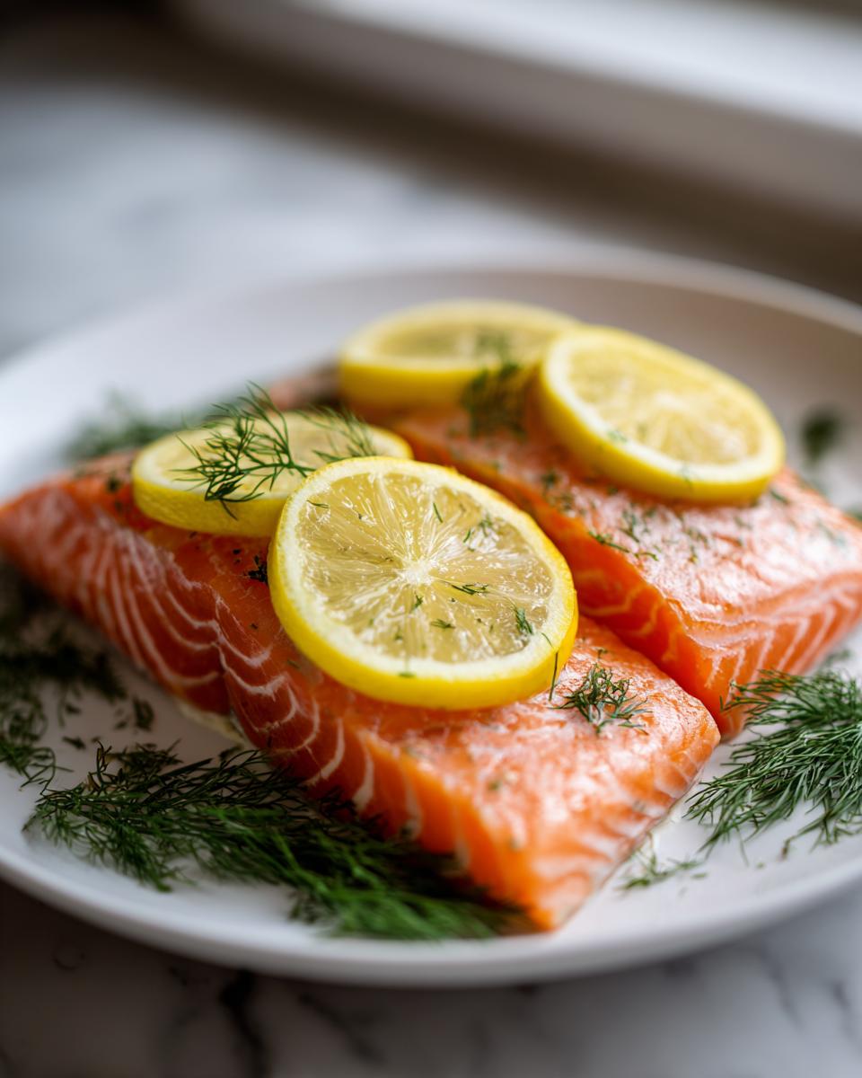 Twee stukken rauwe Oven Baked Salmon op een witte schotel, gegarneerd met citroenschijfjes en verse dille.