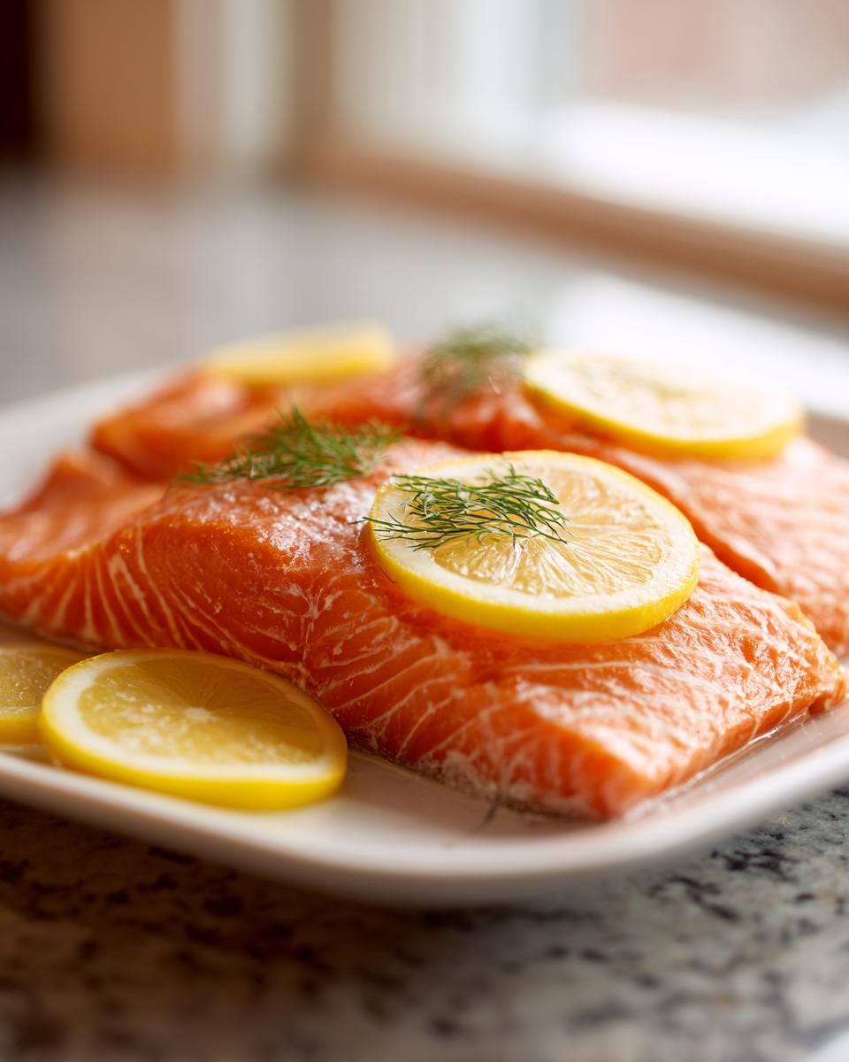 Drie rauwe zalmfilets op een witte schaal, gegarneerd met citroenschijfjes en dille, klaar voor Oven Baked Salmon.