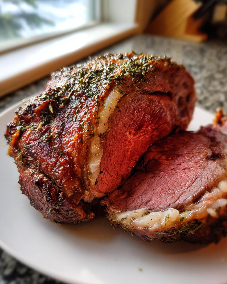 Close-up van een perfect gegaarde Roast Leg Of Lamb met een knapperige, gekruide korst, medium-rare van binnen.