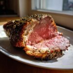 Een sappig, medium-rare Roast Leg Of Lamb met een krokante kruidenkorst, aangesneden op een witte schaal.