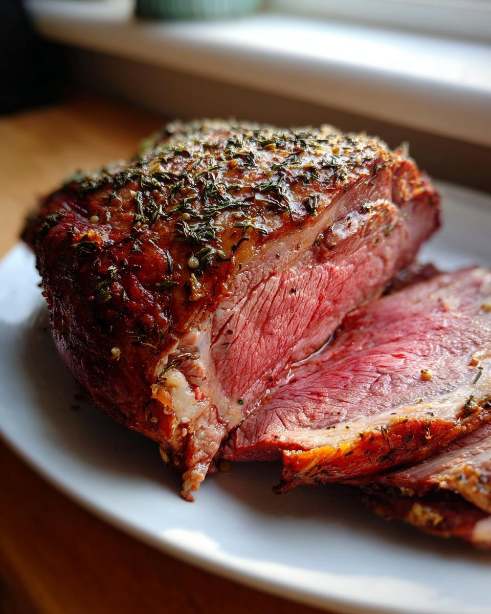 Mooi roze van binnen gesneden Roast Leg Of Lamb met een knapperige kruidenkorst.