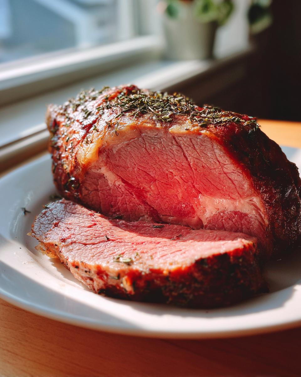 Een sappig stuk geroosterd lamsbout (Roast Leg Of Lamb) met een mooie roze kern en kruidenkorst op een wit bord.