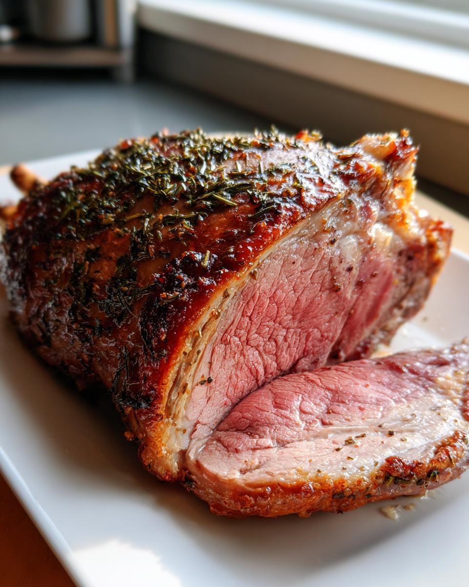 Close-up van een sappige Roast Leg Of Lamb, perfect ros&eacute; en bedekt met een knapperige kruidenkorst.