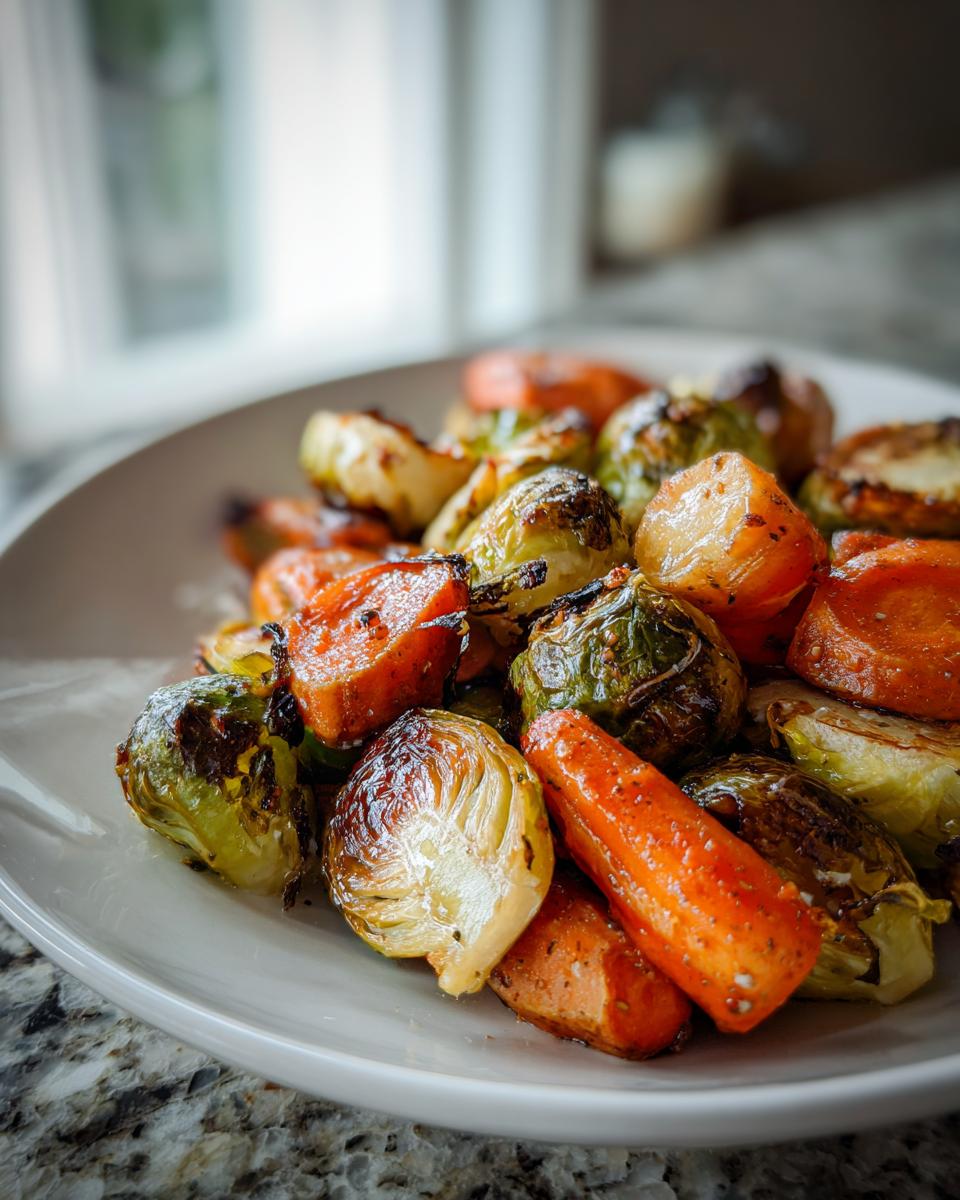 Close-up van een bord met heerlijke Roasted Brussels Sprouts And Carrots, licht aangebraden.
