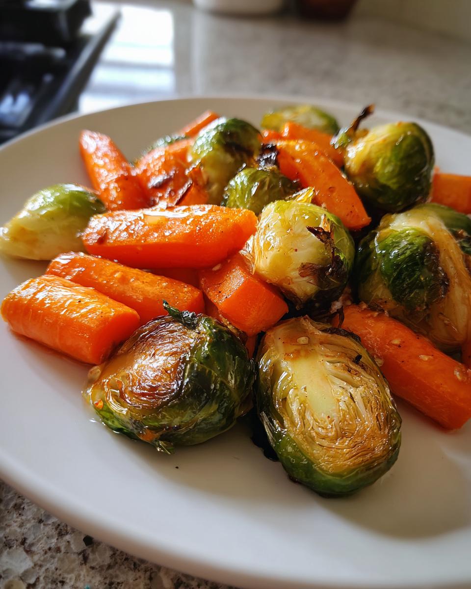Close-up van geroosterde spruitjes en wortelen, een heerlijke Roasted Brussels Sprouts And Carrots.