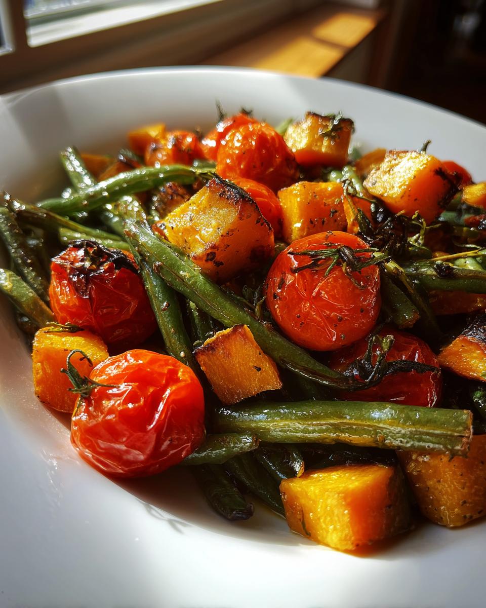 Close-up van geroosterde sperziebonen, blokjes pompoen en cherrytomaten in een witte kom.