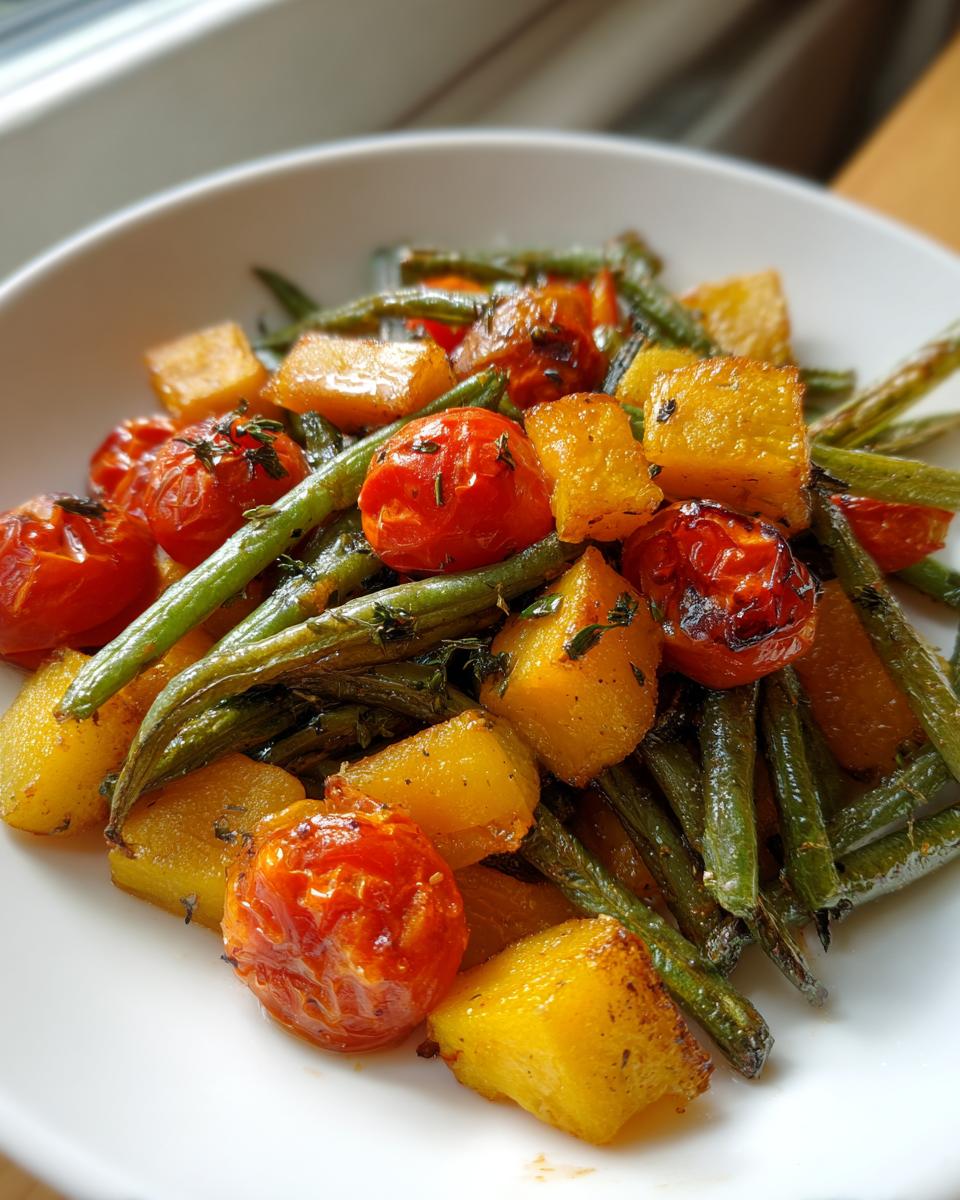 Close-up van geroosterde sperziebonen, blokjes pompoen en geroosterde cherrytomaten in een witte kom.