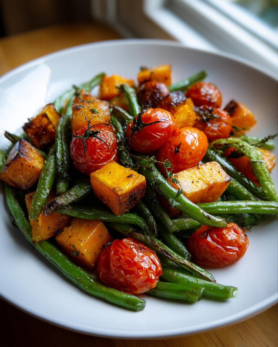 Close-up van geroosterde groene bonen, pompoenblokjes en cherrytomaten op een wit bord.