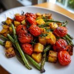 Close-up van geroosterde groene bonen, pompoenblokjes en cherrytomaten op een wit bord.