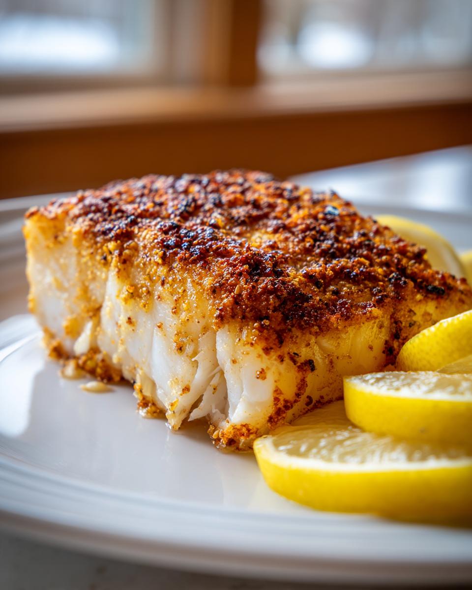 Close-up van een perfect gegaarde filet Roasted Mahi Mahi met een krokante, gekruide korst en citroenschijfjes.