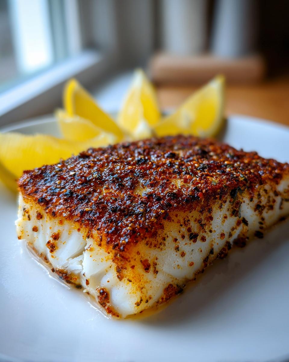 Close-up van een perfecte portie Roasted Mahi Mahi met een kruidige korst, geserveerd met citroenpartjes.