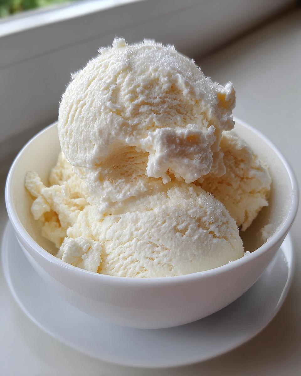 Drie bollen romige, witte Cottage Cheese Ice Cream in een witte kom.