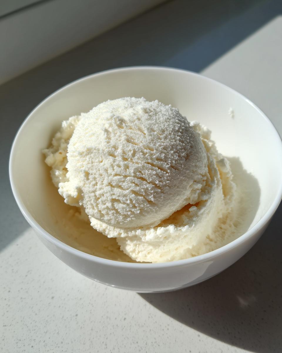Twee bollen romige, witte Cottage Cheese Ice Cream geschept in een kleine witte kom.