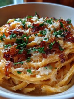 Een kom romige French Onion Pasta gegarneerd met gekarameliseerde ui, kaas en peterselie.