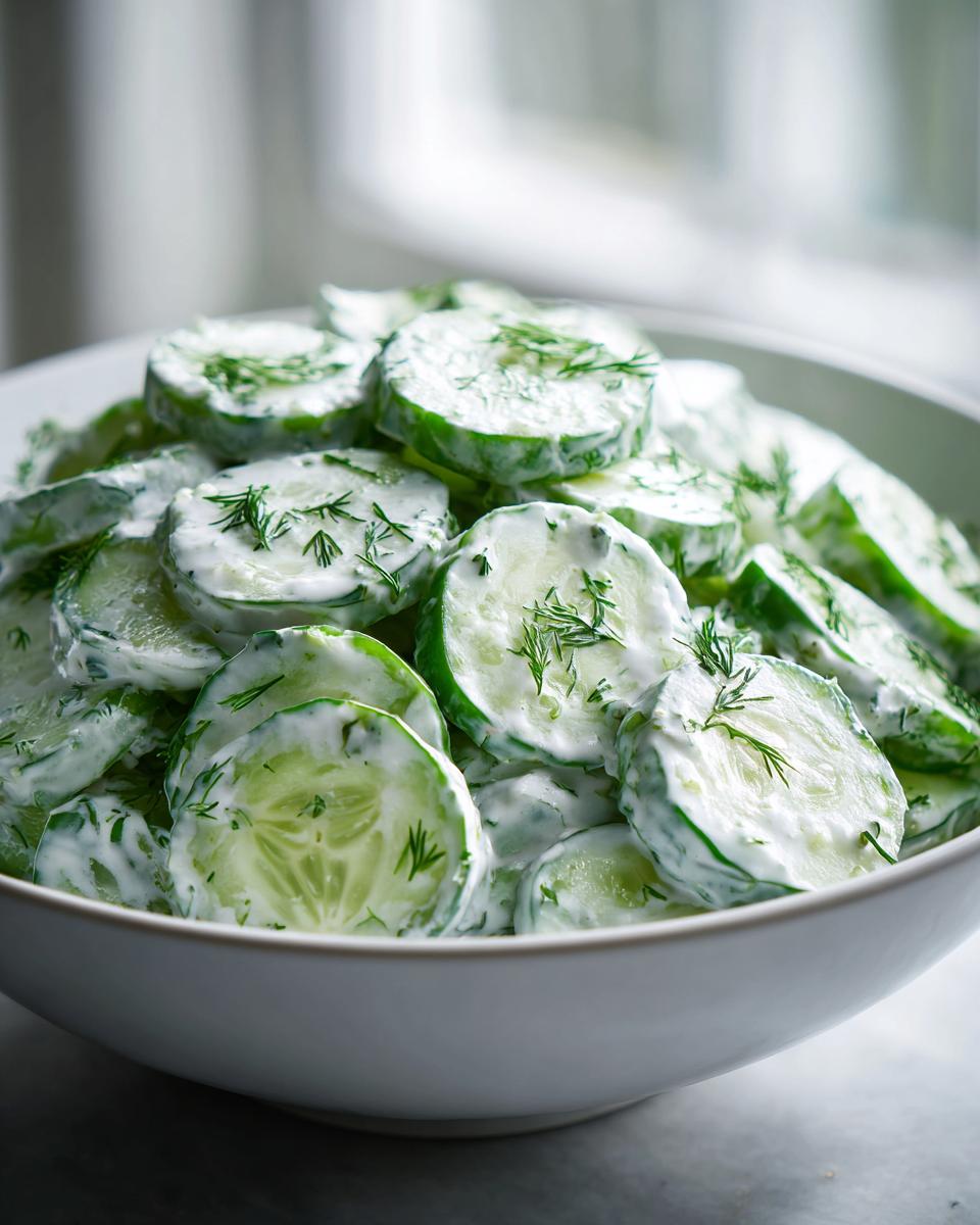 Een kom met gesneden komkommer in een romige saus, gegarneerd met verse dille, perfecte romige komkommersalade.