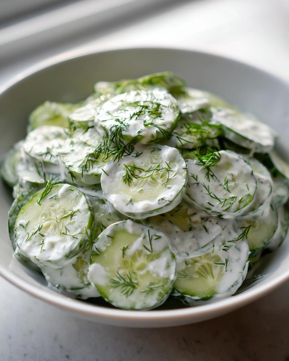 Close-up van een kom met romige komkommersalade, dunne plakjes komkommer in een witte saus met verse dille.