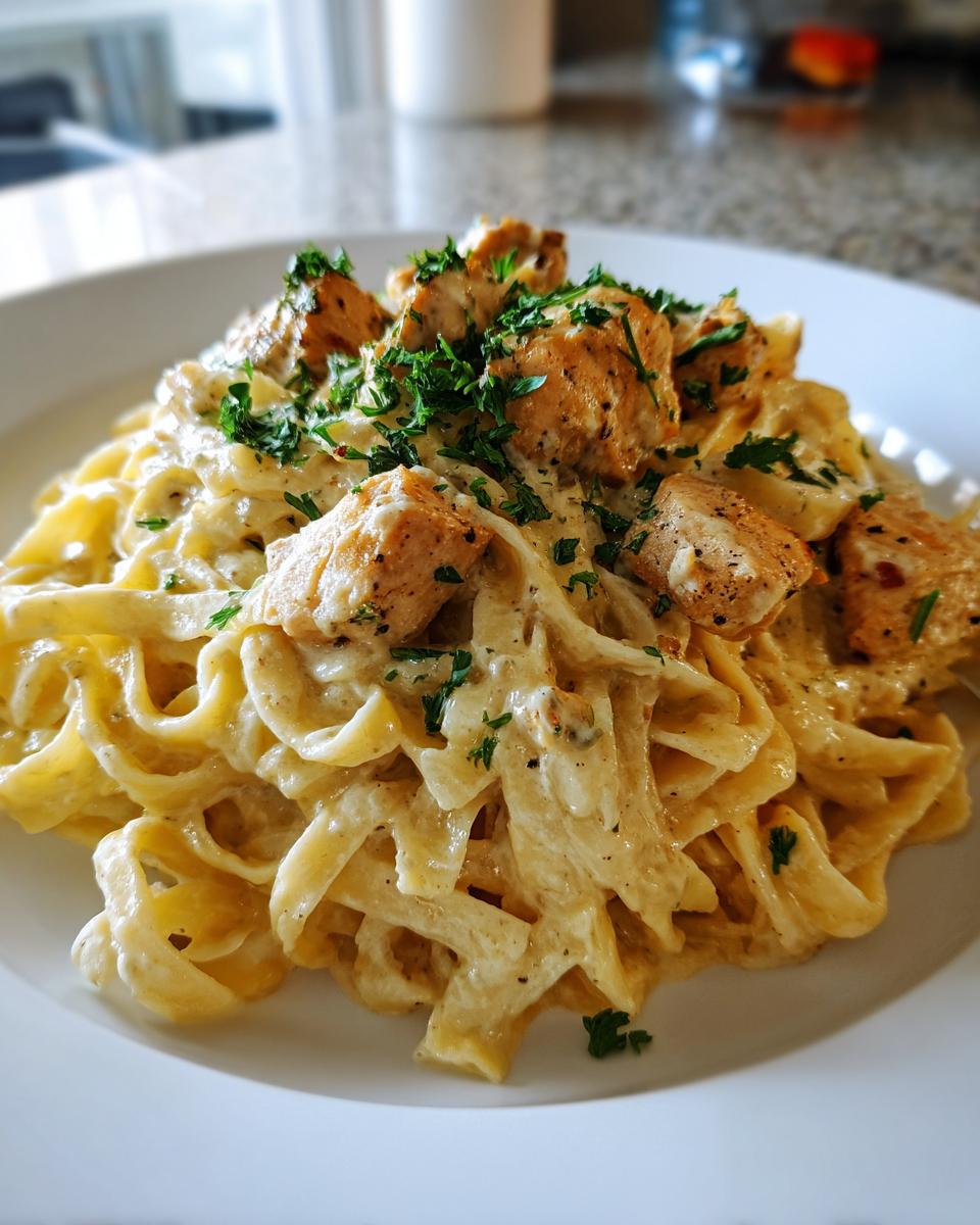 Close-up van een bord met romige Lemon Chicken Fettuccine, gegarneerd met stukjes kip en peterselie.