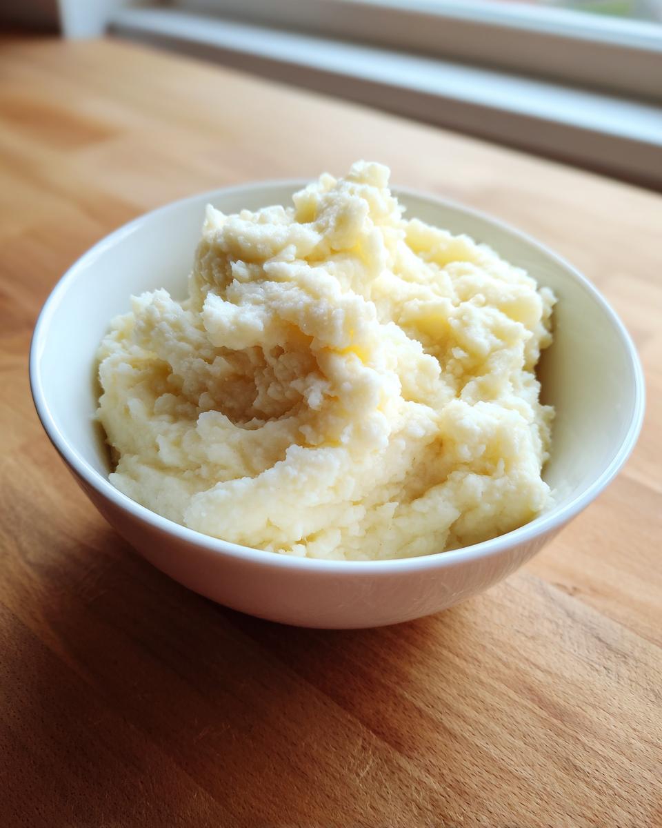 Een witte kom gevuld met romige, lichtgele Mashed Turnips (gepuree van rapen) op een houten aanrecht.
