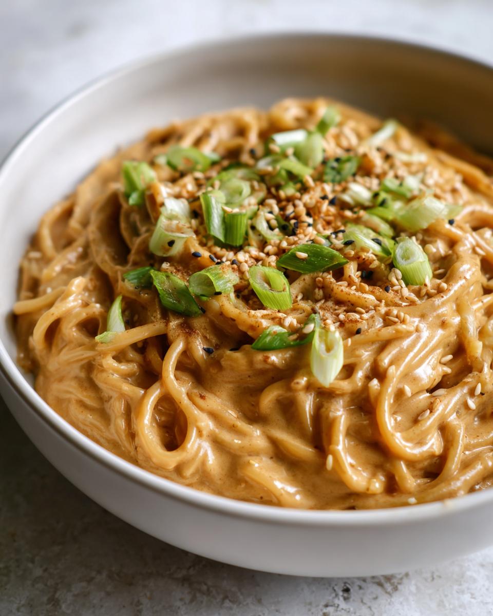 Close-up van romige Peanut Butter Ramen, gegarneerd met lente-ui en sesamzaadjes in een witte kom.