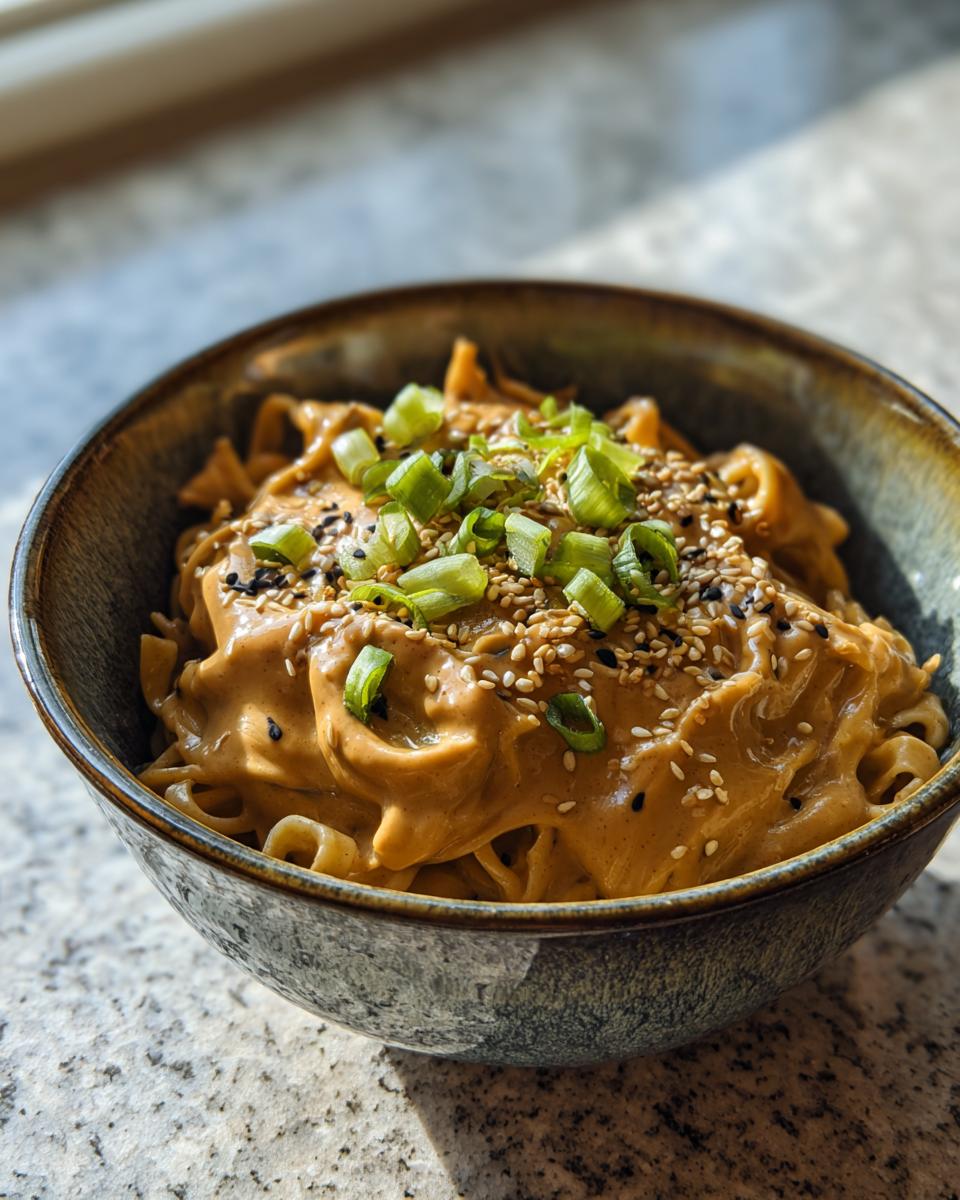Een kom met romige Peanut Butter Ramen, gegarneerd met lente-ui en sesamzaadjes.