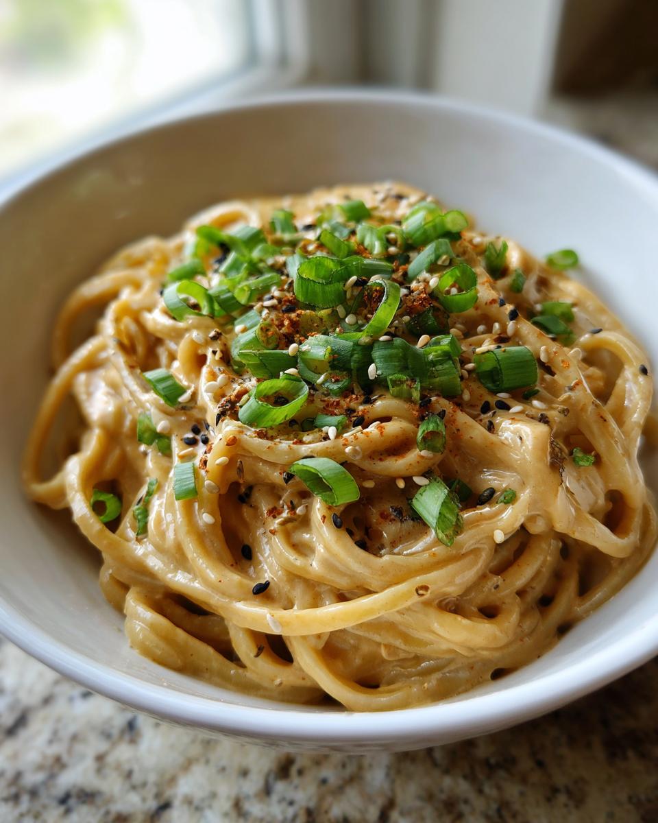 Close-up van romige Peanut Butter Ramen, gegarneerd met lente-ui en sesamzaadjes.