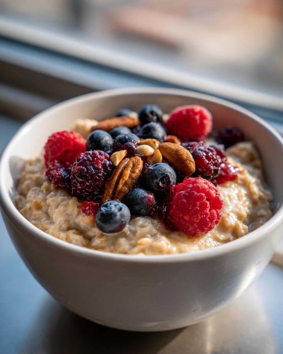 Close-up van een kom romige Protein Oatmeal, rijkelijk belegd met bosbessen, frambozen, pecannoten en jam.
