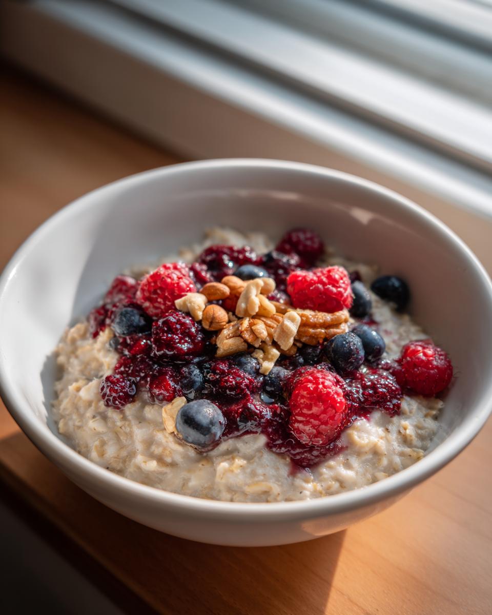 Close-up van een kom romige Protein Oatmeal, getopt met rode bessen, bosbessen, en noten.