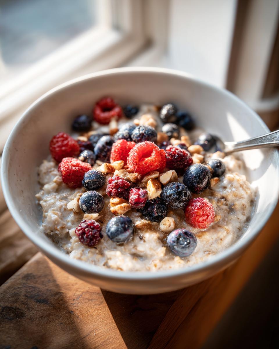 Close-up van een kom romige Protein Oatmeal, getopt met bevroren bosbessen, frambozen en gehakte noten.