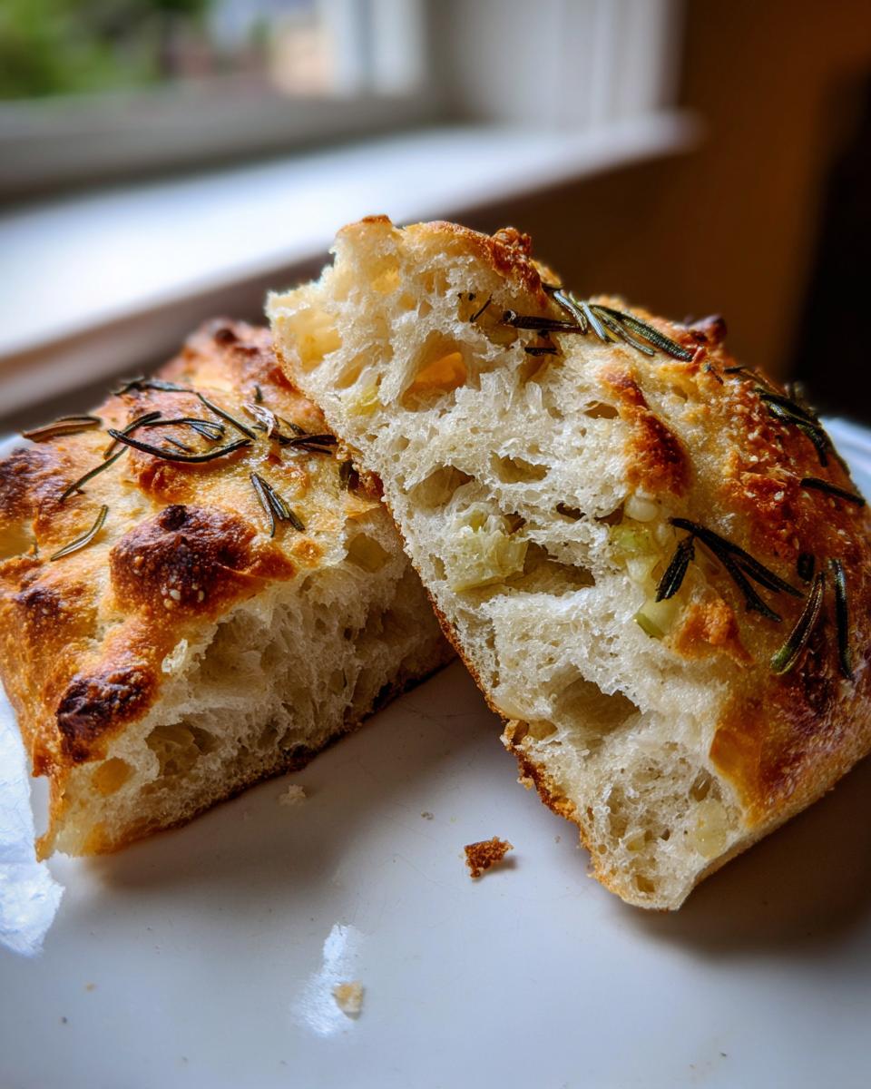 Close-up van doormidden gesneden Rosemary Garlic No Knead Skillet Bread met luchtige structuur.