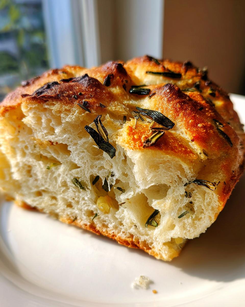 Close-up van een stuk Rosemary Garlic No Knead Skillet Bread met een luchtige binnenkant en knapperige korst.